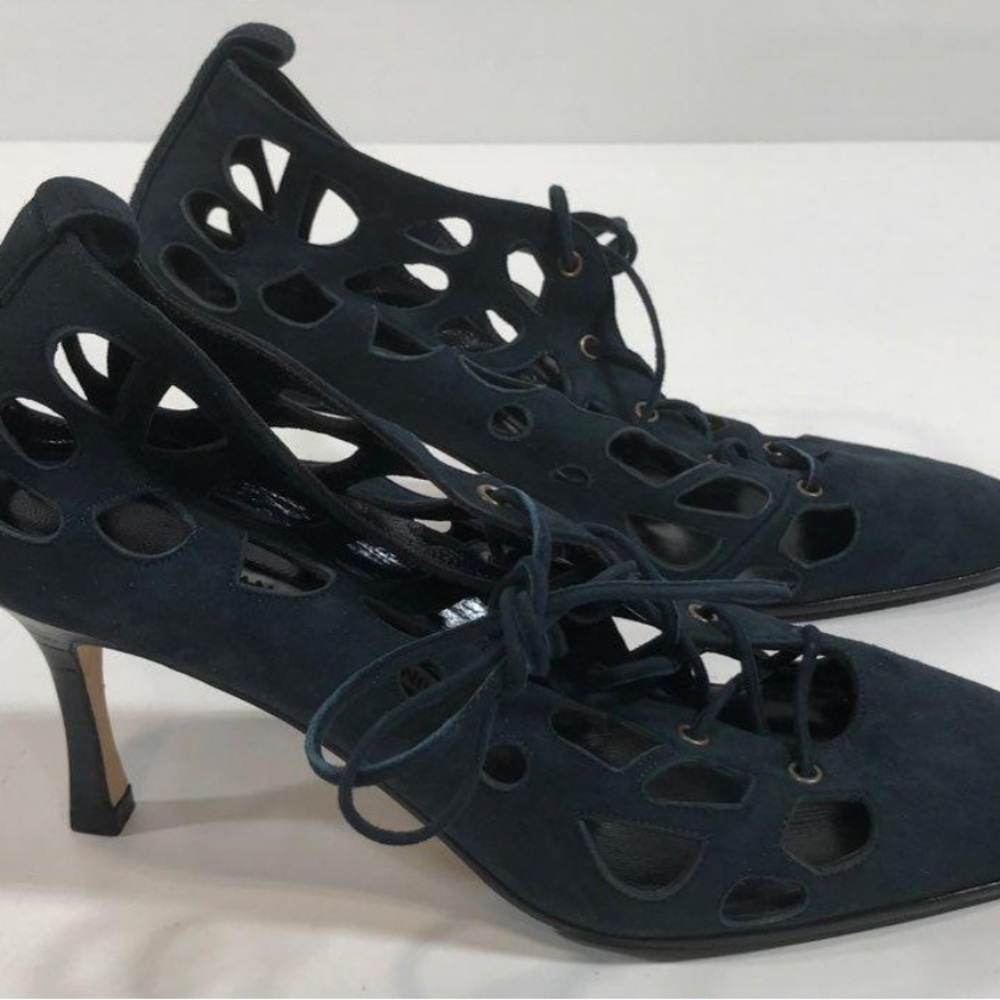 NEW!! Manolo Blahnik Black Suede Lace Up Caged Cutout Women's Heels Size 37